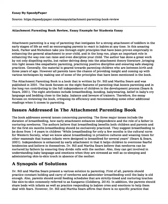 Attachment Parenting Book Review, Essay Example for Students