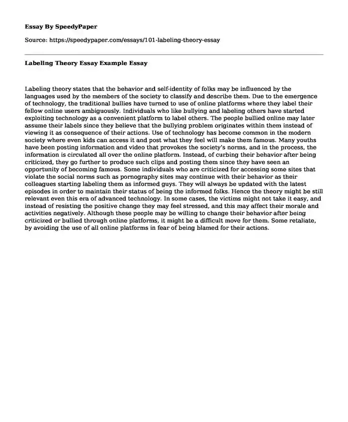 Labeling Theory Essay Example