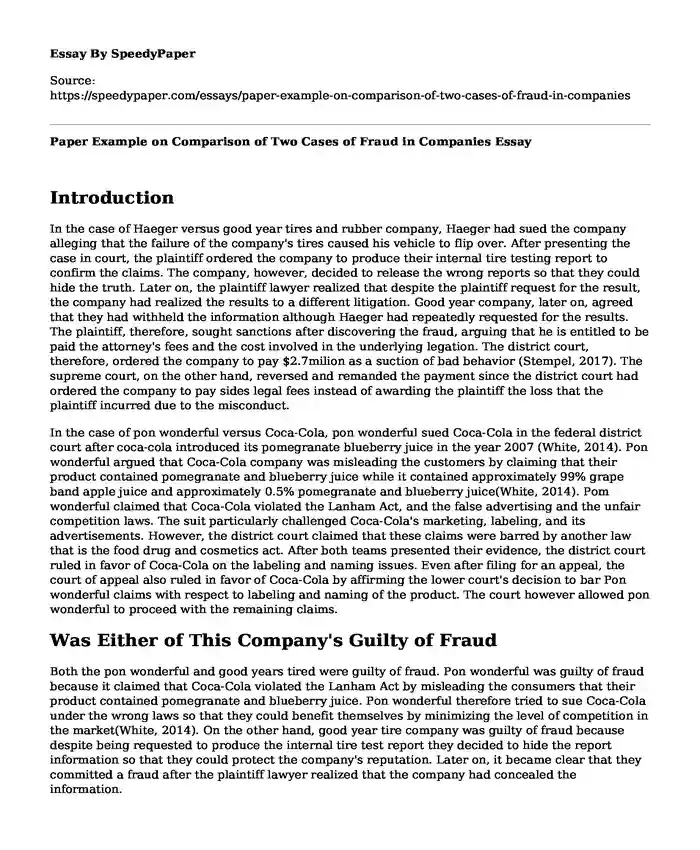Paper Example on Comparison of Two Cases of Fraud in Companies
