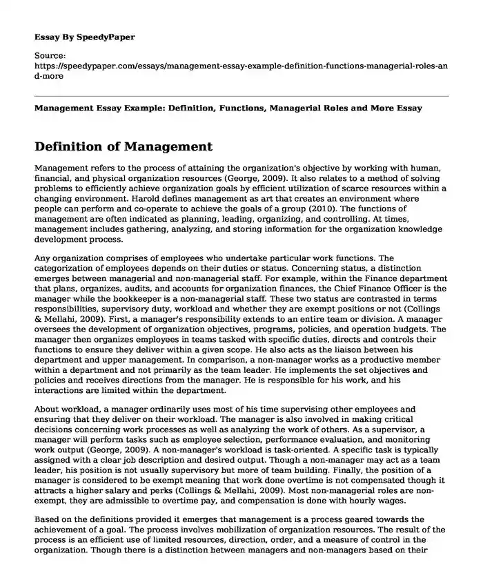 Management Essay Example: Definition, Functions, Managerial Roles and More