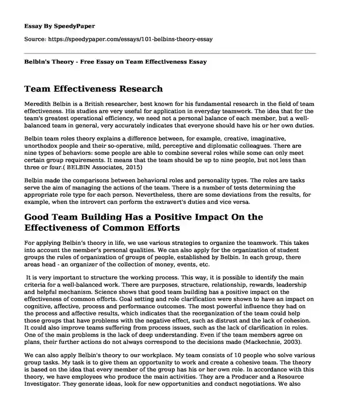 Belbin's Theory - Free Essay on Team Effectiveness