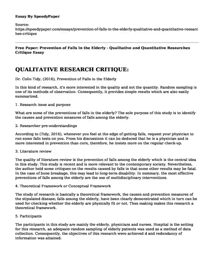 Free Paper: Prevention of Falls in the Elderly - Qualitative and Quantitative Researches Critique