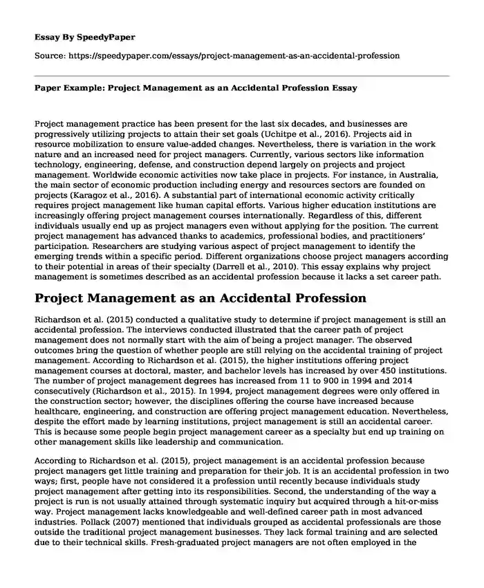 Paper Example: Project Management as an Accidental Profession