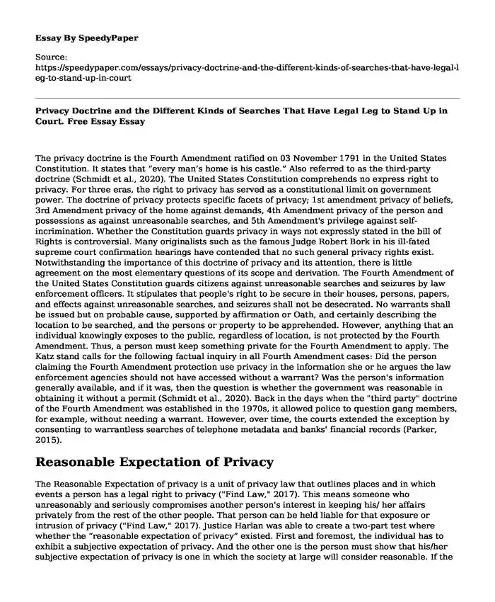 Privacy Doctrine and the Different Kinds of Searches That Have Legal Leg to Stand Up in Court. Free Essay