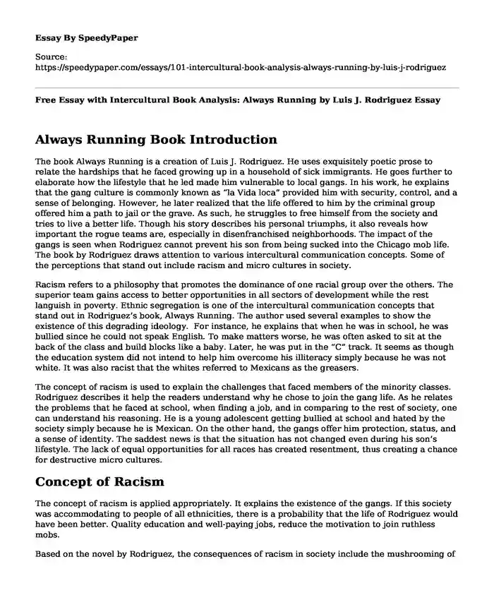 Free Essay with Intercultural Book Analysis: Always Running by Luis J. Rodriguez
