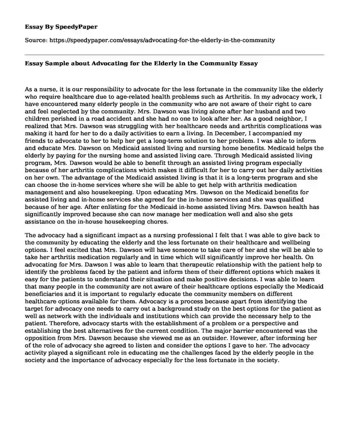 Essay Sample about Advocating for the Elderly in the Community
