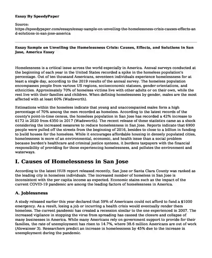 Essay Sample on Unveiling the Homelessness Crisis: Causes, Effects, and Solutions in San Jose, America