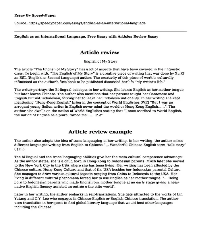 English as an International Language, Free Essay with Articles Review