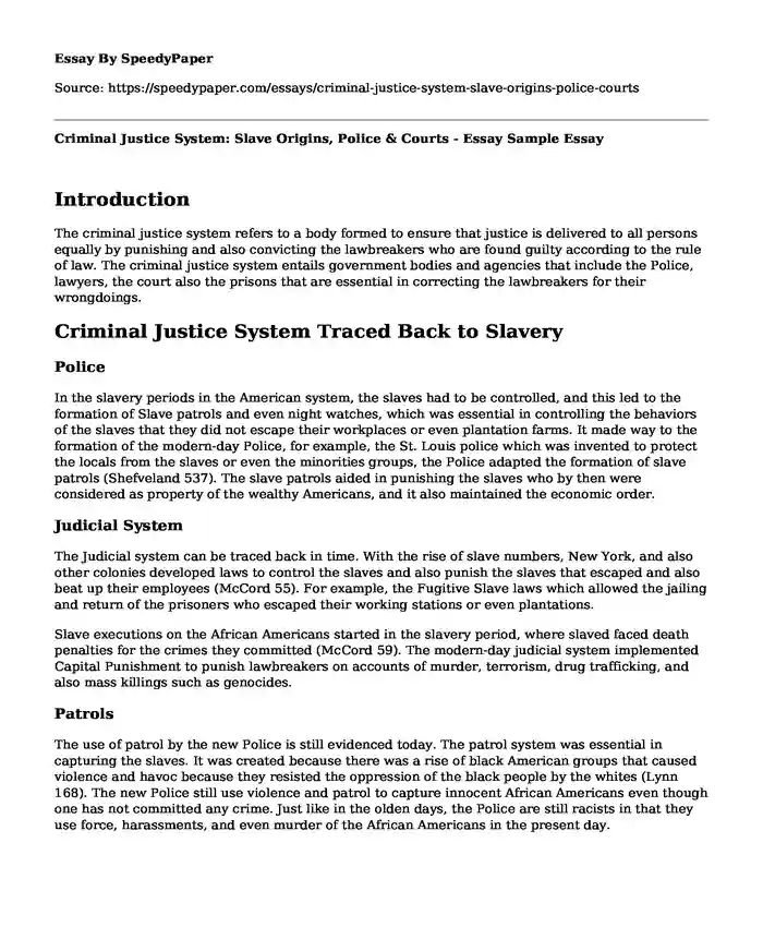 Criminal Justice System: Slave Origins, Police & Courts - Essay Sample