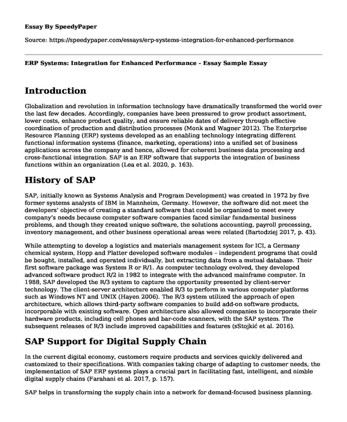 ERP Systems: Integration for Enhanced Performance - Essay Sample