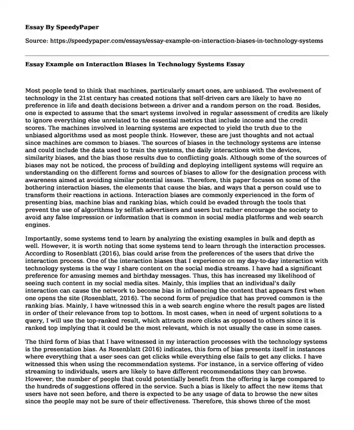 Essay Example on Interaction Biases in Technology Systems