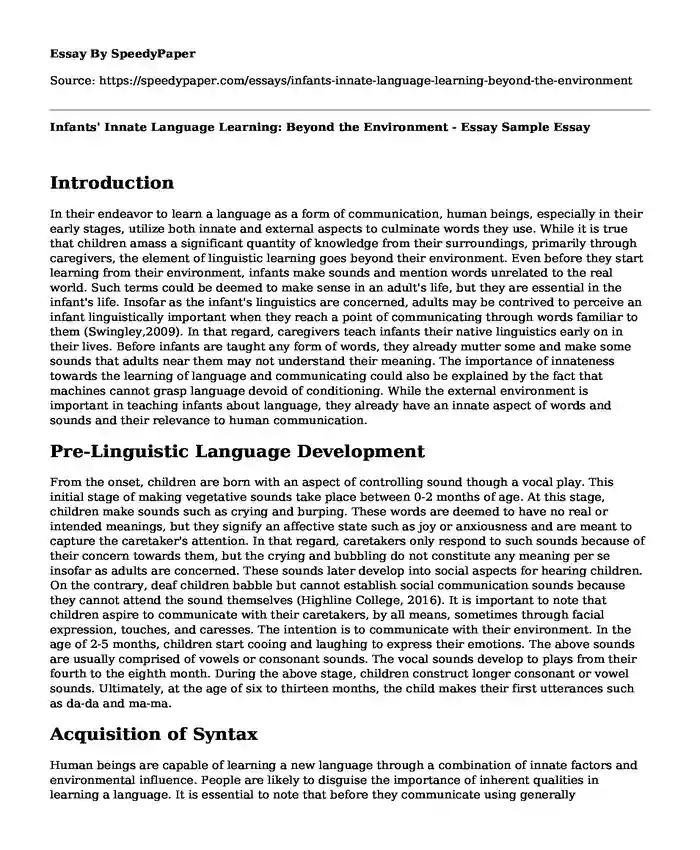 Infants' Innate Language Learning: Beyond the Environment - Essay Sample