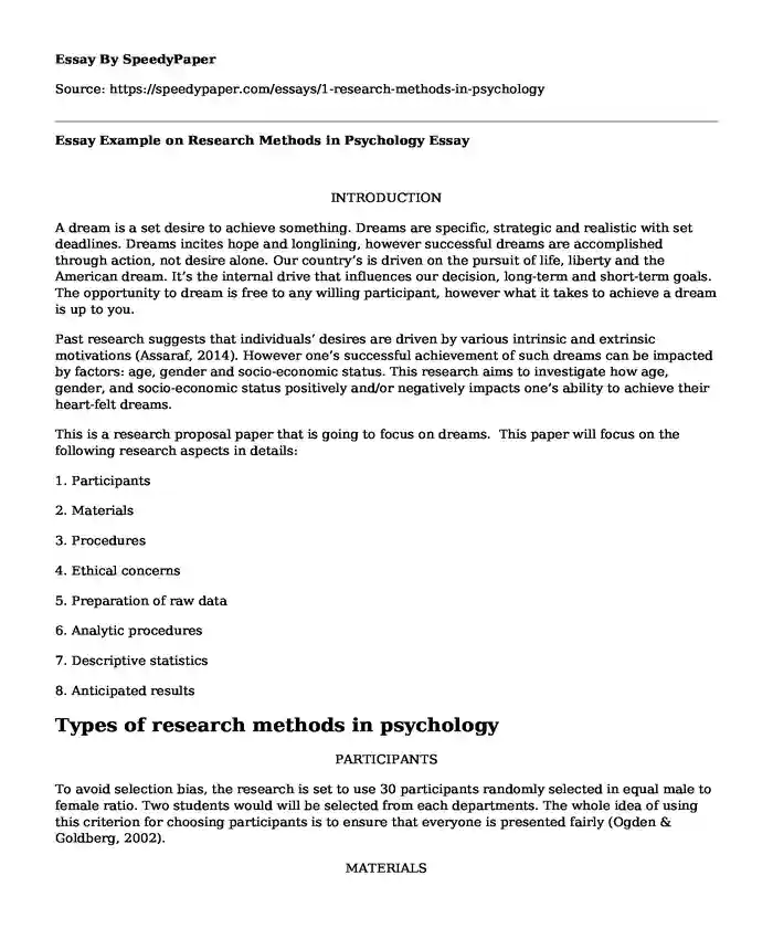 Essay Example on Research Methods in Psychology