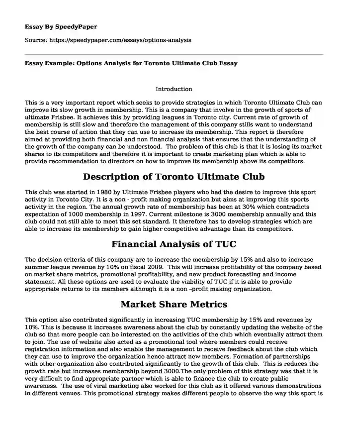 Essay Example: Options Analysis for Toronto Ultimate Club