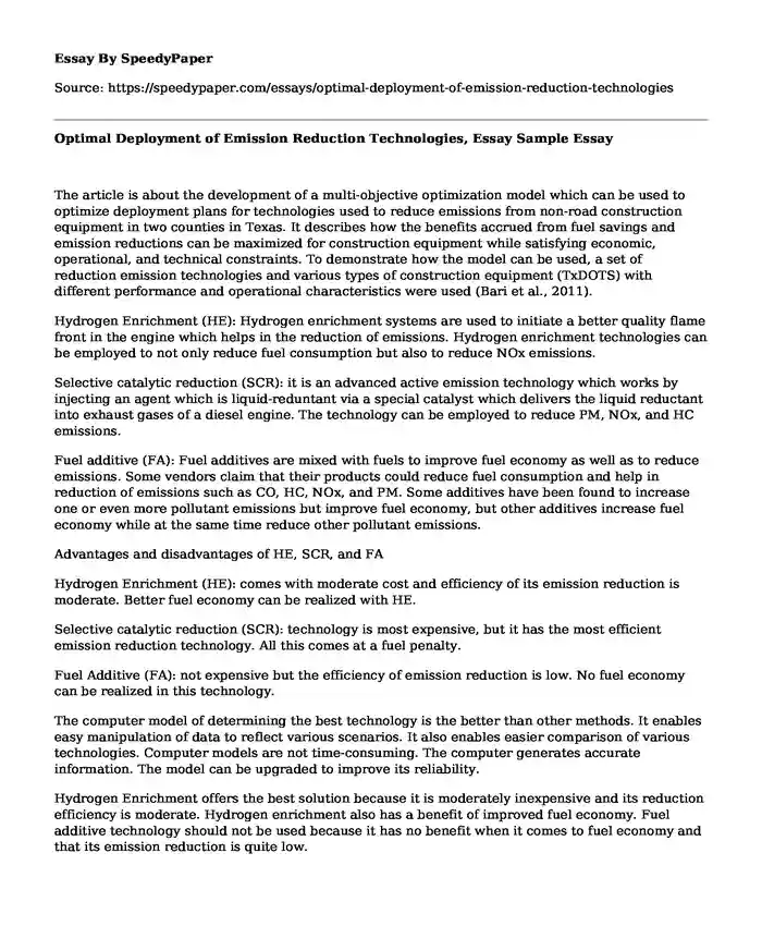 Optimal Deployment of Emission Reduction Technologies, Essay Sample