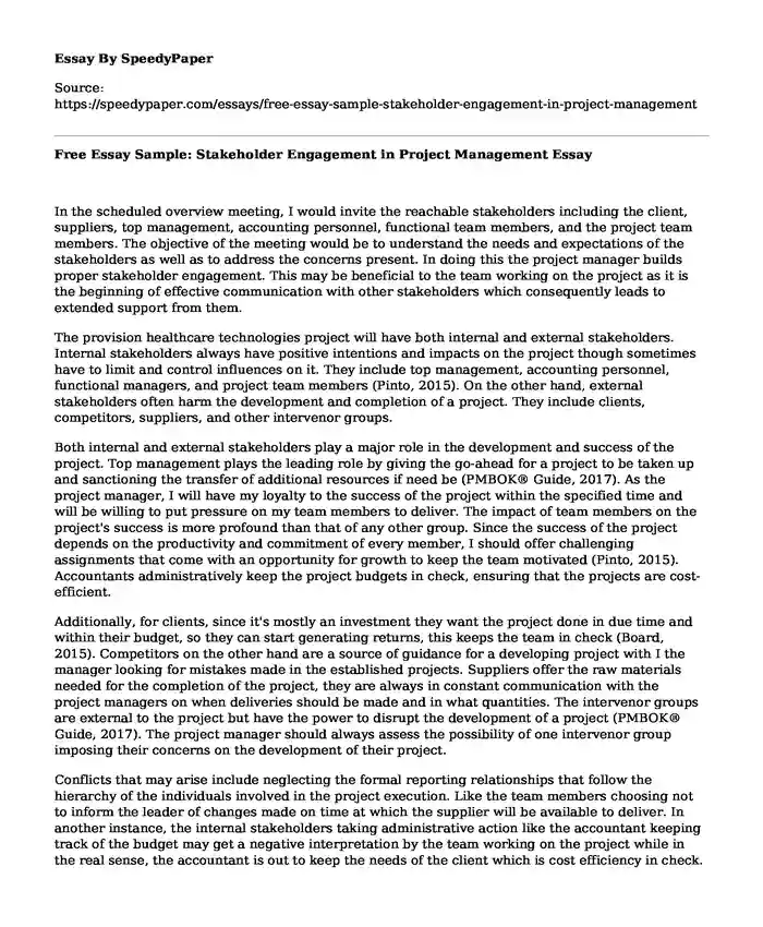 Free Essay Sample: Stakeholder Engagement in Project Management