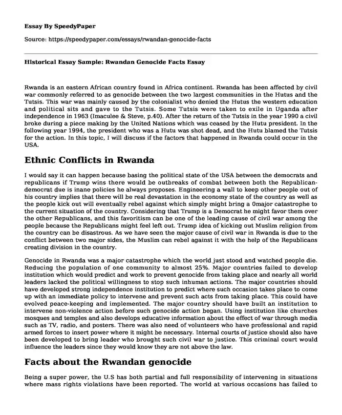 Historical Essay Sample: Rwandan Genocide Facts