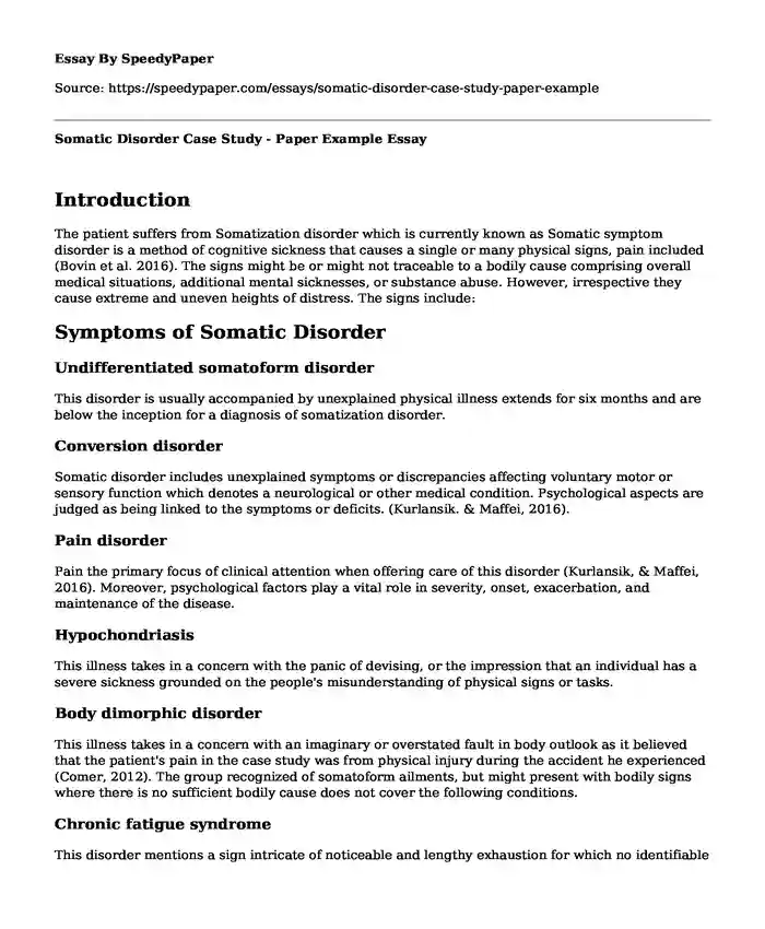 Somatic Disorder Case Study - Paper Example