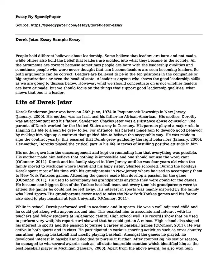 Derek Jeter Essay Sample