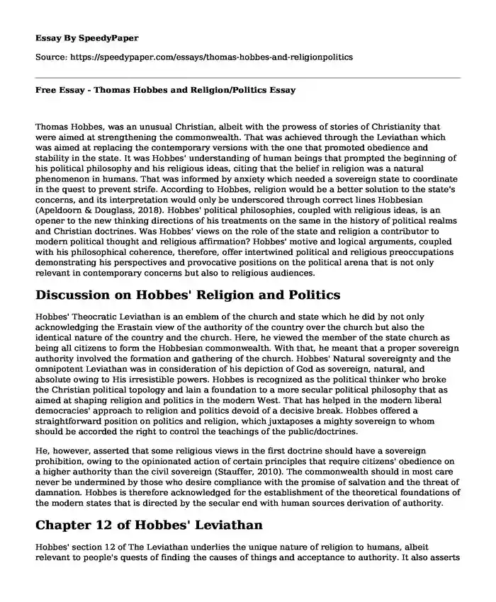 Free Essay - Thomas Hobbes and Religion/Politics