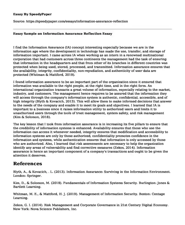 Essay Sample on Information Assurance Reflection