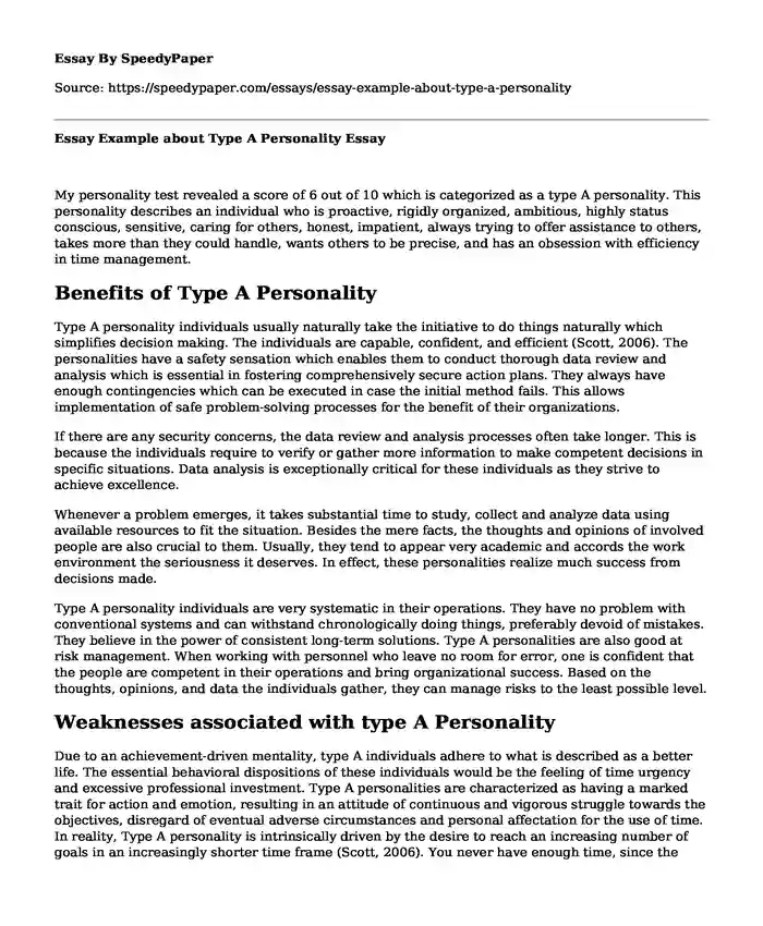 Essay Example about Type A Personality