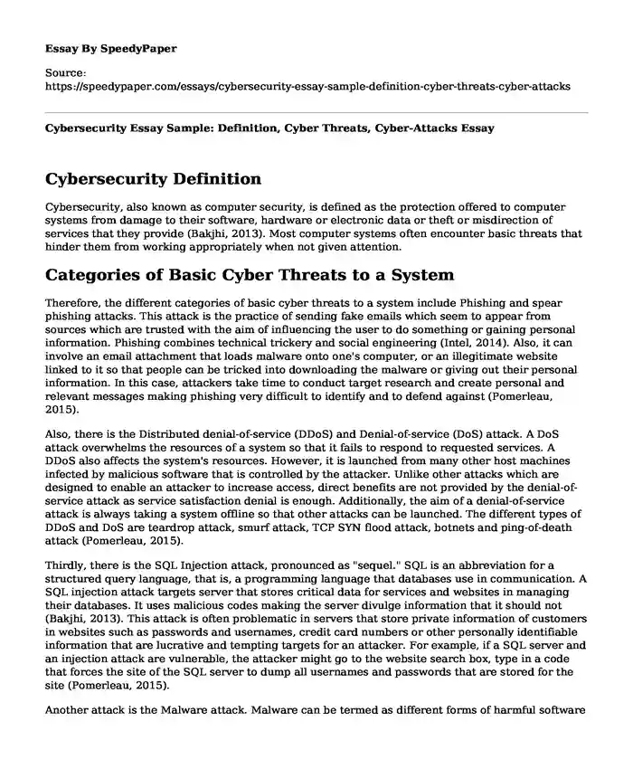 Cybersecurity Essay Sample: Definition, Cyber Threats, Cyber-Attacks