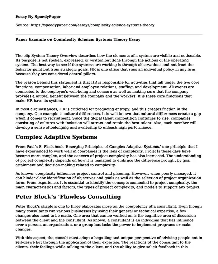 Paper Example on Complexity Science: Systems Theory