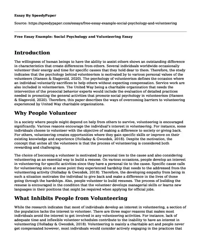 Free Essay Example: Social Psychology and Volunteering