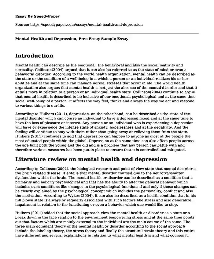 Mental Health and Depression, Free Essay Sample