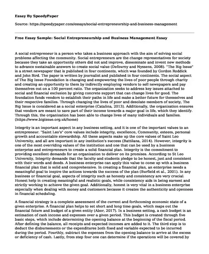 Free Essay Sample: Social Entrepreneurship and Business Management