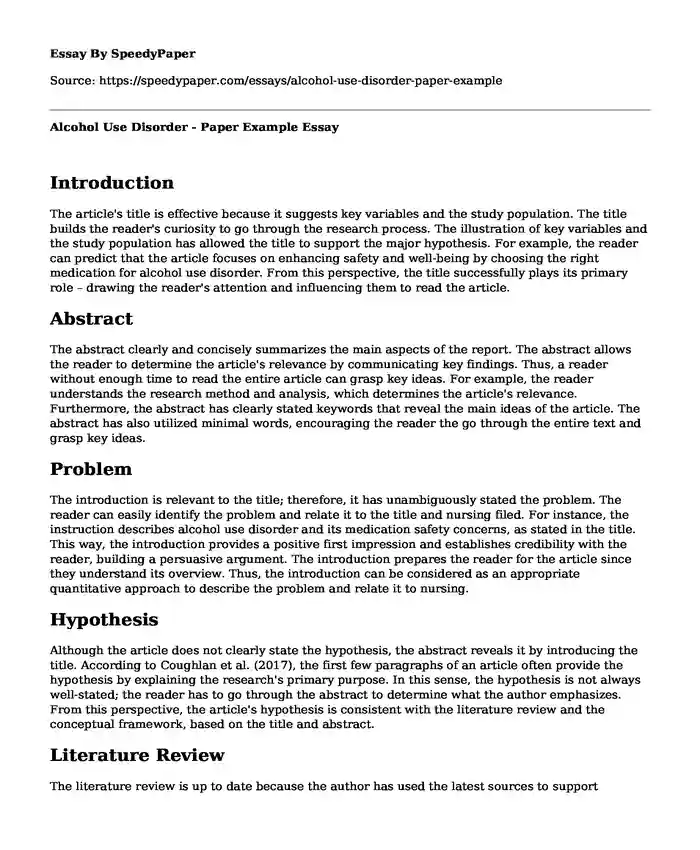 Alcohol Use Disorder - Paper Example