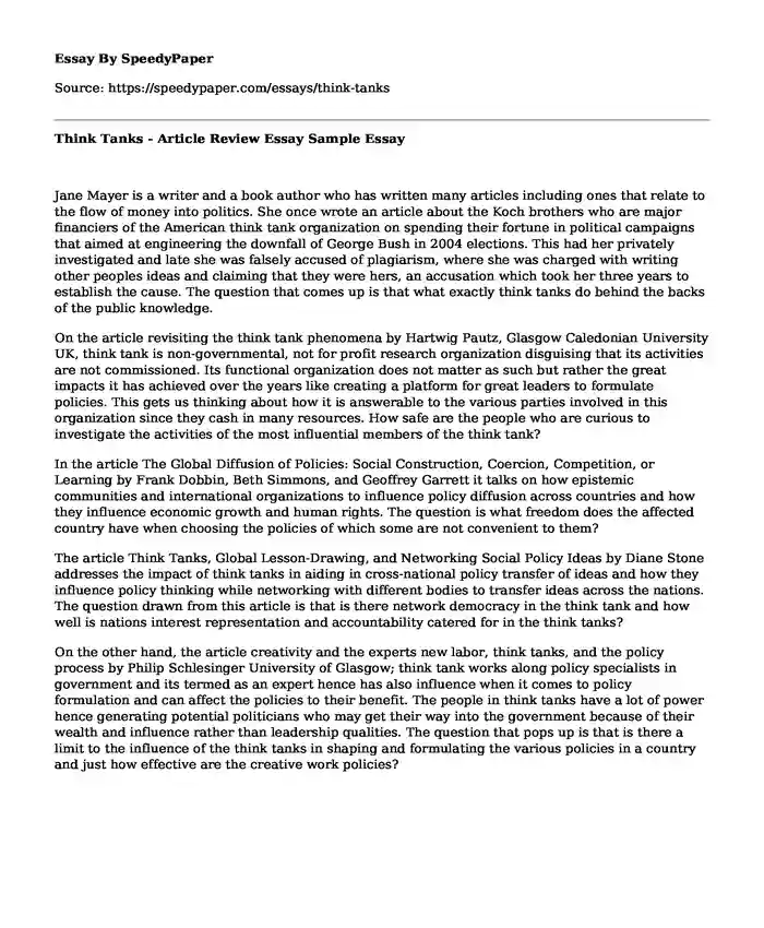 Think Tanks - Article Review Essay Sample