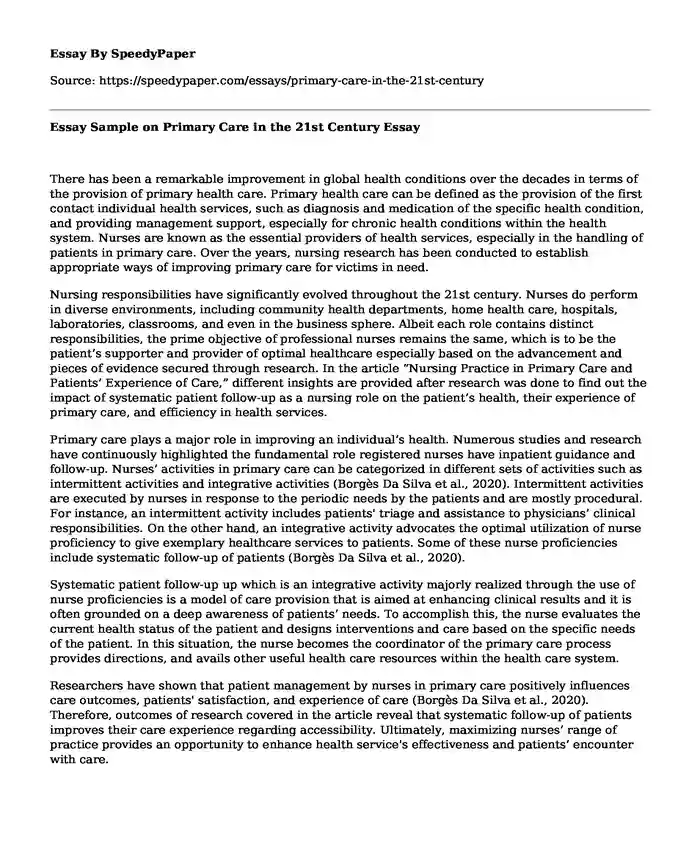 Essay Sample on Primary Care in the 21st Century