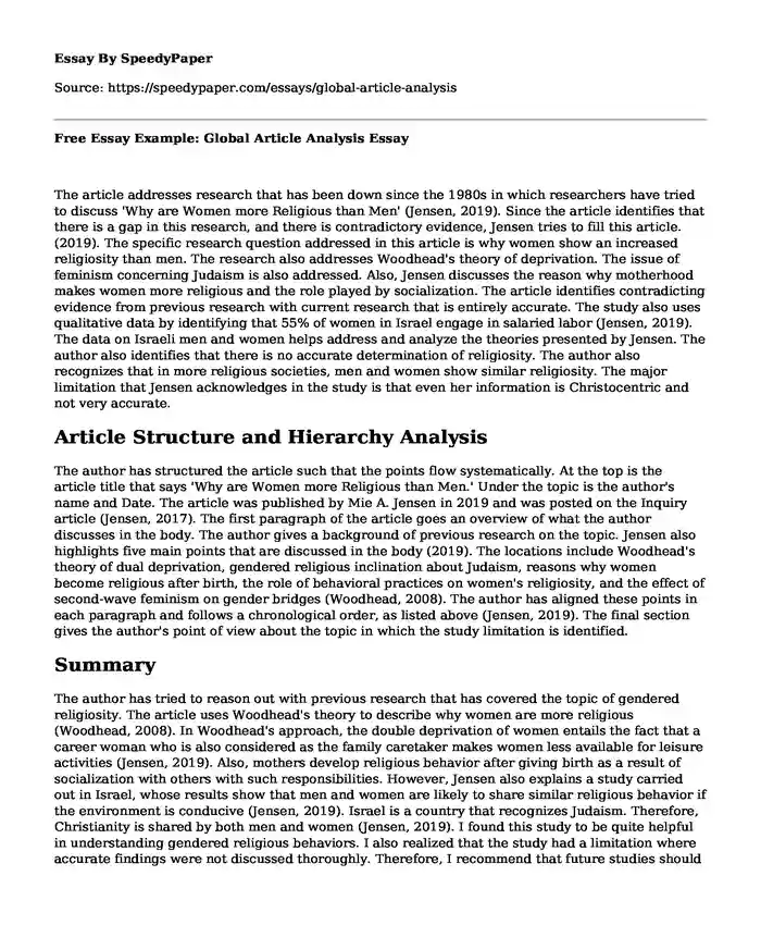 Free Essay Example: Global Article Analysis