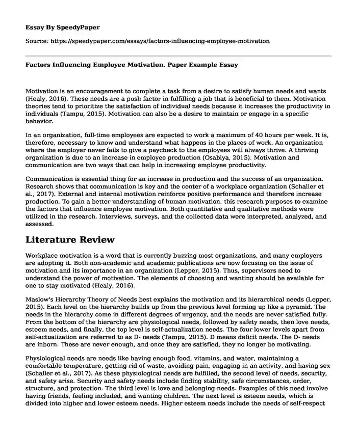 Factors Influencing Employee Motivation. Paper Example