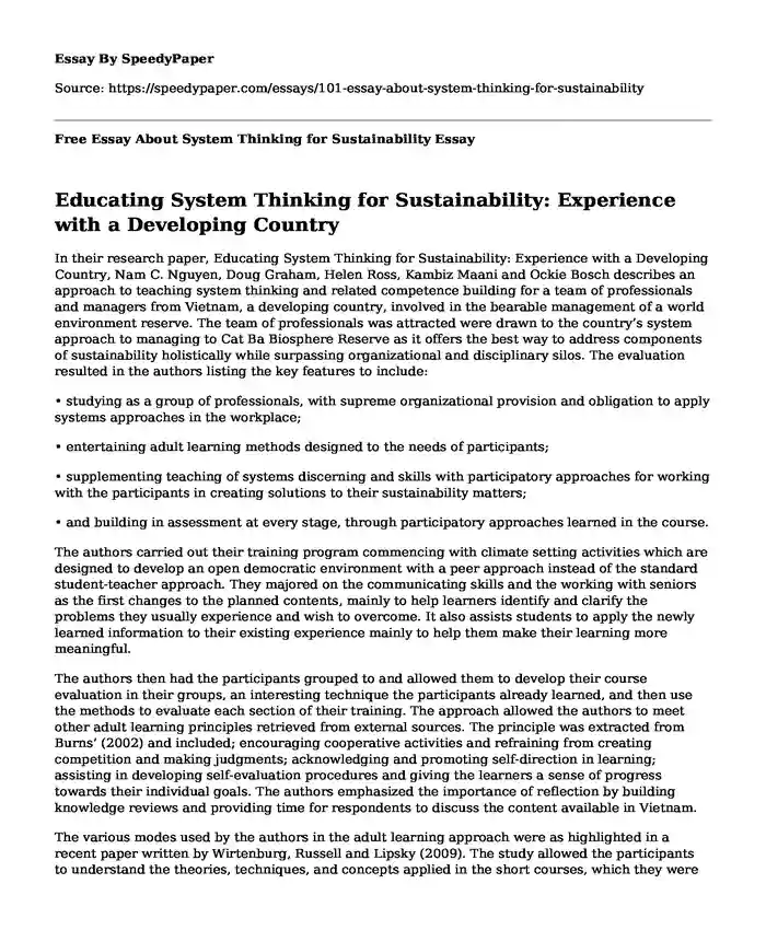 Free Essay About System Thinking for Sustainability
