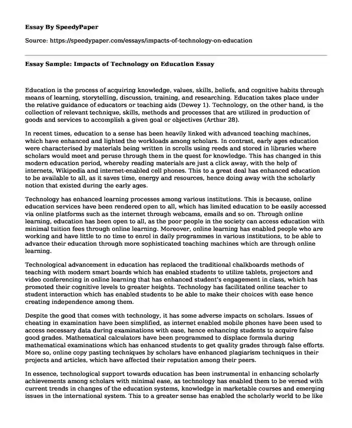 Essay Sample: Impacts of Technology on Education