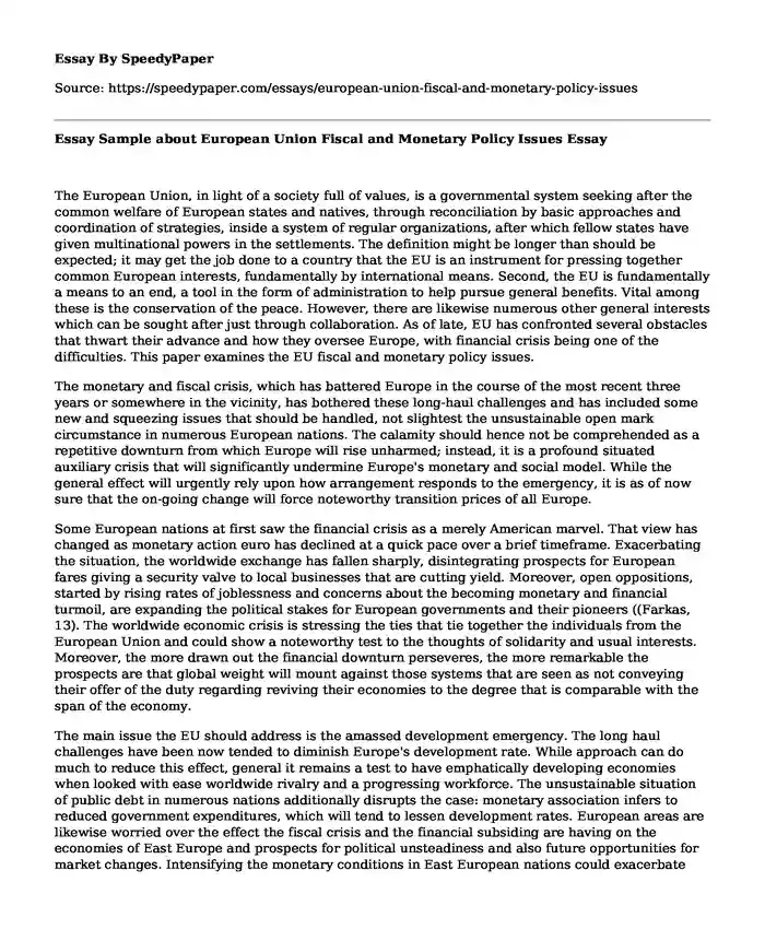 Essay Sample about European Union Fiscal and Monetary Policy Issues