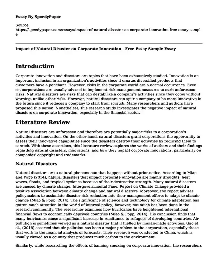 Impact of Natural Disaster on Corporate Innovation - Free Essay Sample