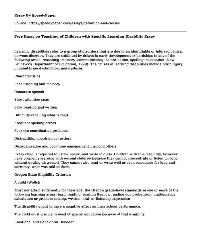 Free Essay on Teaching of Children with Specific Learning Disability