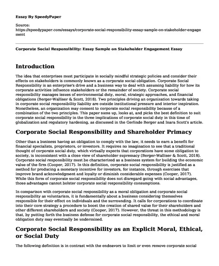 Corporate Social Responsibility: Essay Sample on Stakeholder Engagement