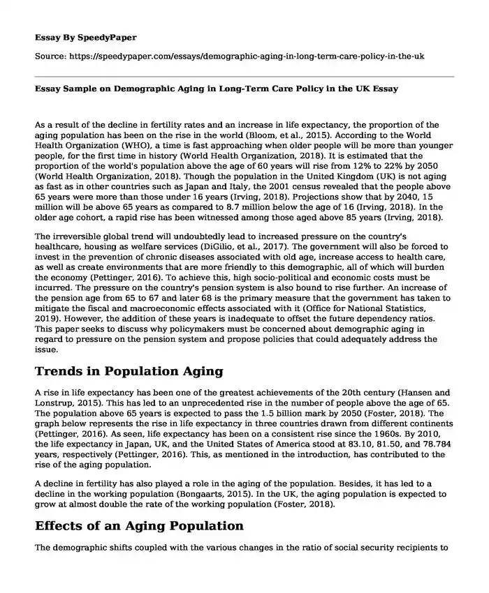 Essay Sample on Demographic Aging in Long-Term Care Policy in the UK