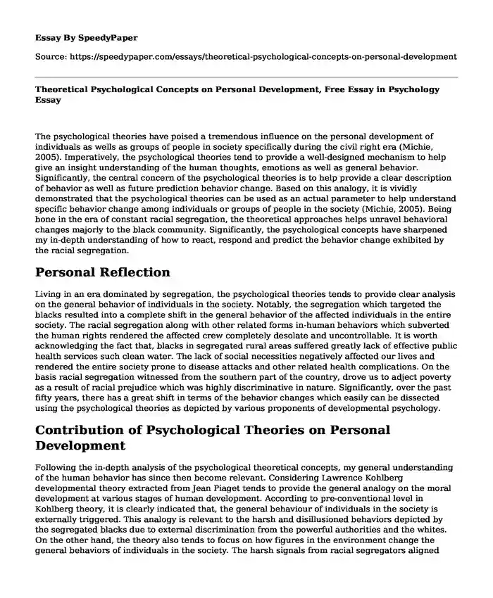 Theoretical Psychological Concepts on Personal Development, Free Essay in Psychology