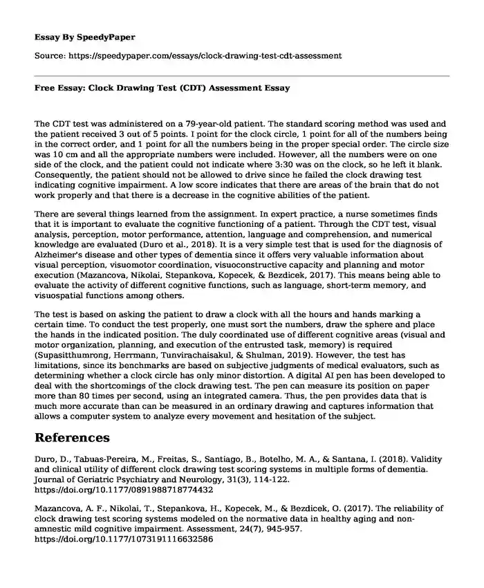 Free Essay: Clock Drawing Test (CDT) Assessment