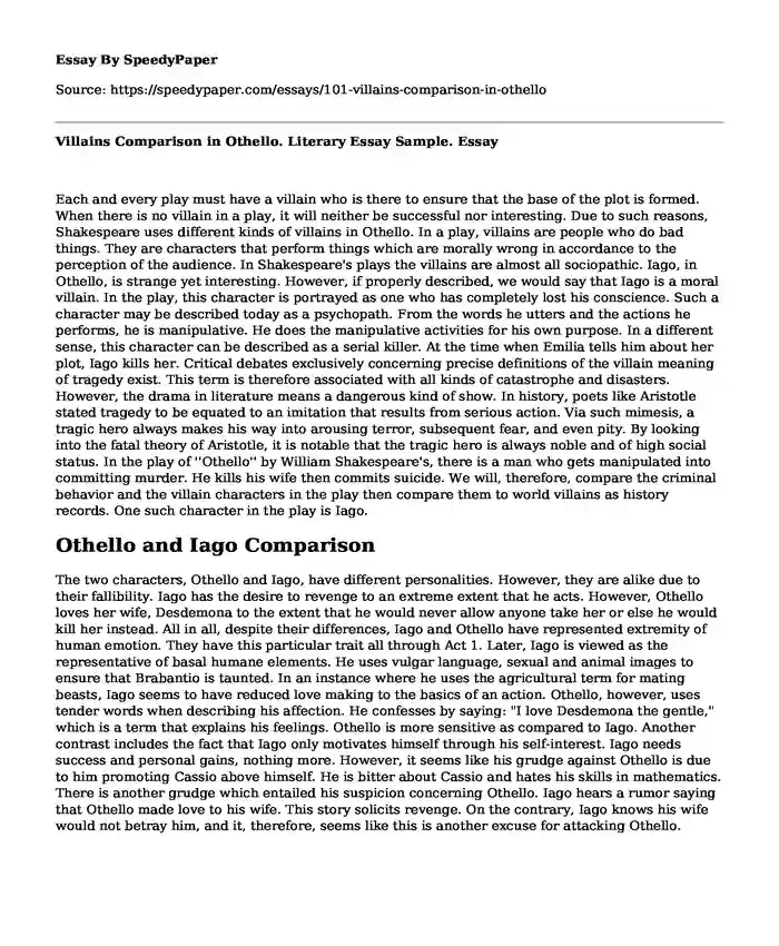 Villains Comparison in Othello. Literary Essay Sample.