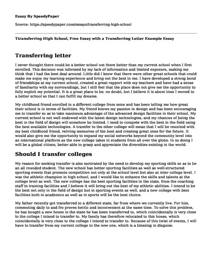 Ttransferring High School, Free Essay with a Transferring Letter Example