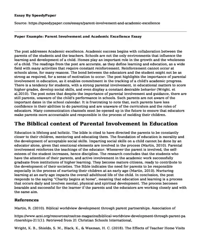 Paper Example: Parent Involvement and Academic Excellence