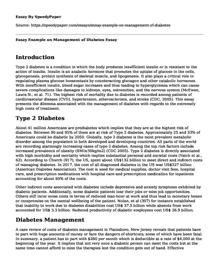 Essay Example on Management of Diabetes