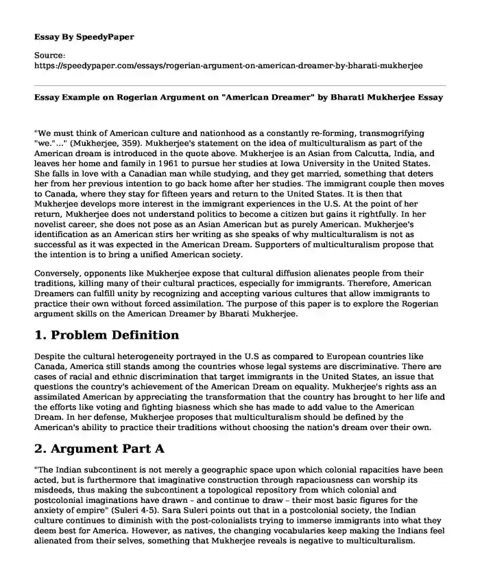 Essay Example on Rogerian Argument on "American Dreamer" by Bharati Mukherjee